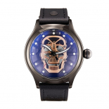 时光一百(TIME100)手表男时尚个性骷髅鬼脸弯刀镂空蓝色镀膜玻璃镜面男士手表车缝线牛皮圆盘防水男表W70177G